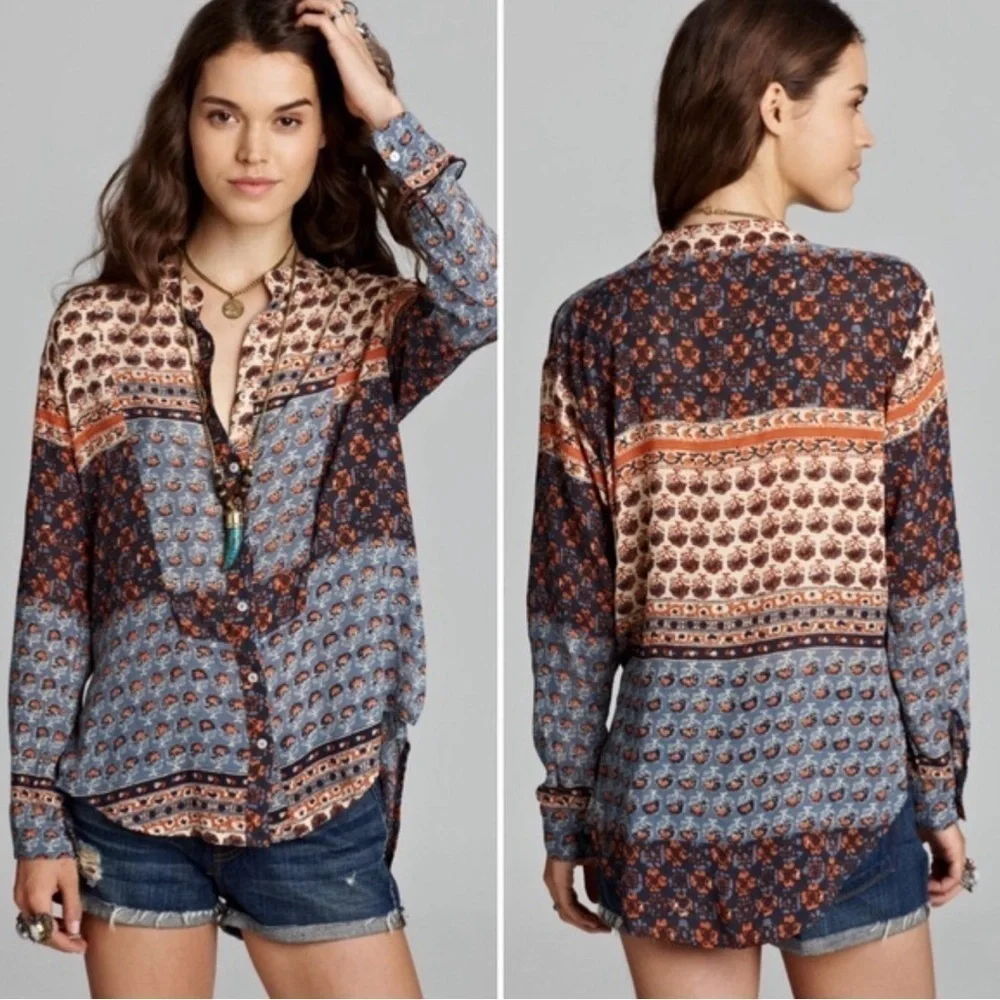 Free People Caravan Patchwork Printed Button Down size XS. Blue and Orange
